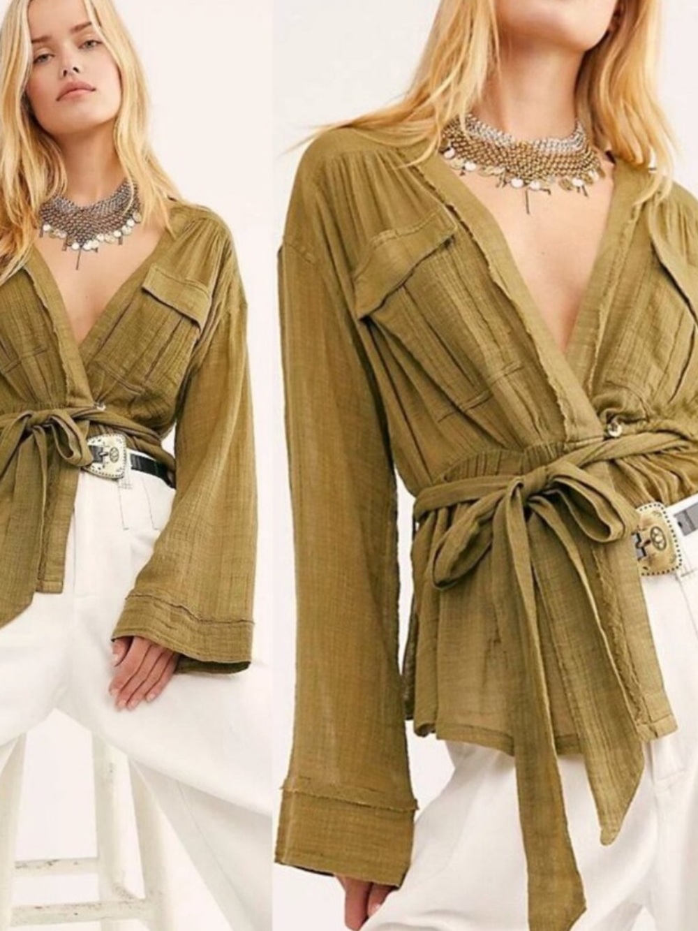 We the Free, Free People Safari Sheer Gauze Wrap Top, Olive Green